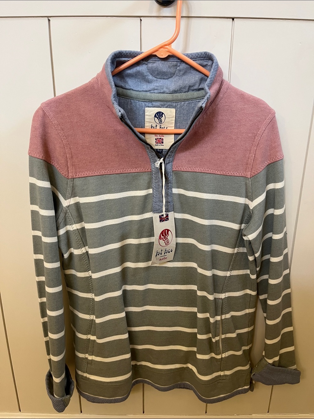 Fat face  Striped Half-Zip Sweater in Rose and Olive